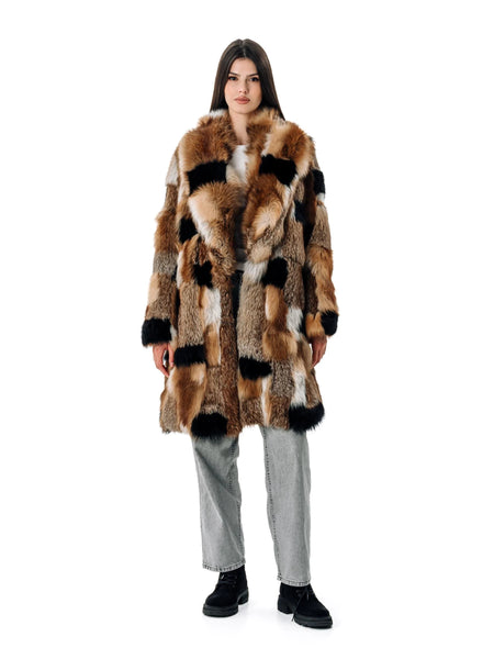 Patched Fox Fur Coat with Red Collar