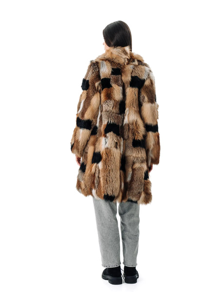 Patched Fox Fur Coat with Red Collar