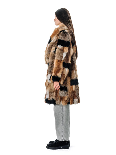 Patched Fox Fur Coat with Red Collar
