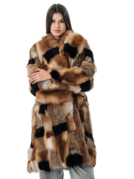 Patched Fox Fur Coat with Red Collar