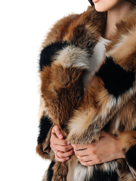 Patched Fox Fur Coat with Red Collar