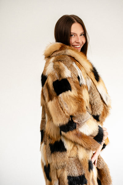 Patched Fox Fur Coat with Red Collar