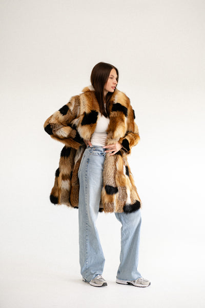 Patched Fox Fur Coat with Red Collar