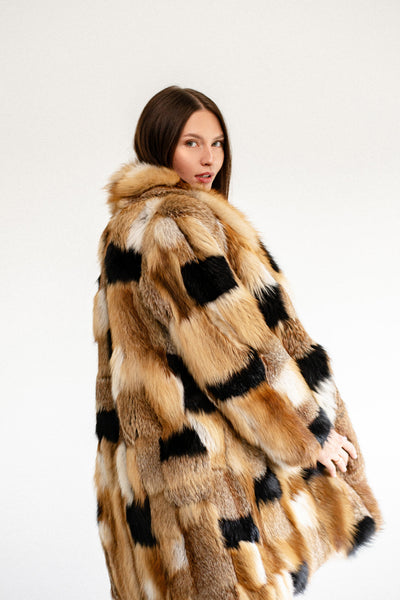 Patched Fox Fur Coat with Red Collar
