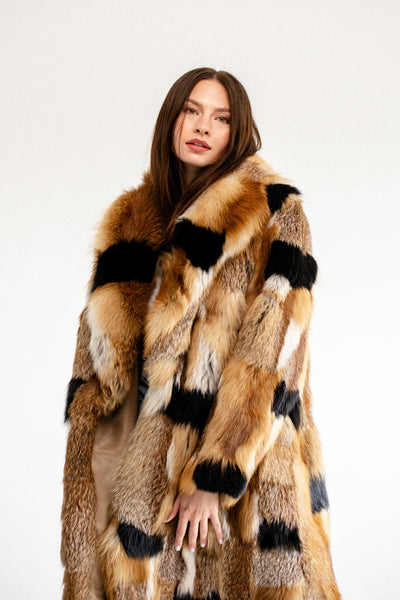 Patched Fox Fur Coat with Red Collar