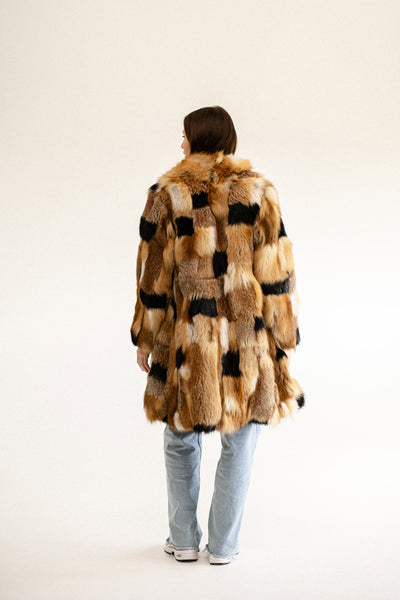Patched Fox Fur Coat with Red Collar