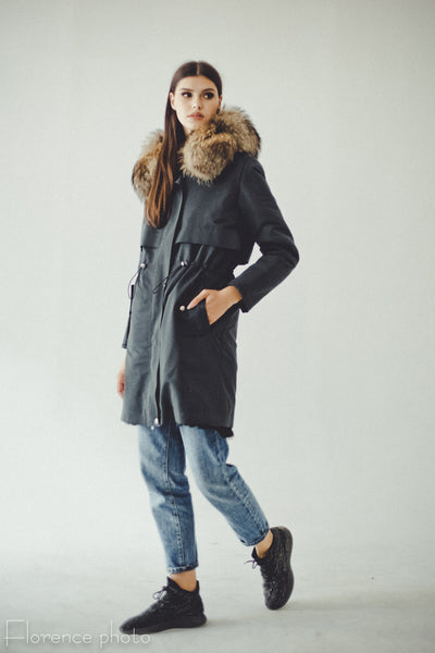 Black Rabbit Fur Parka
