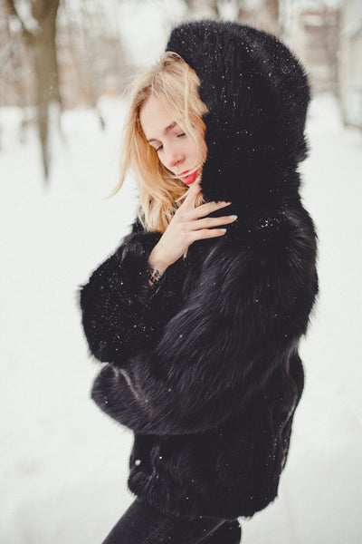 Black Fox Fur Jacket with Hood