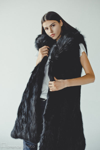 Black Fox Fur Vest with Collar