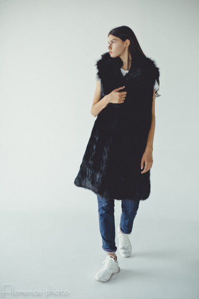 Black Fox Fur Vest with Collar