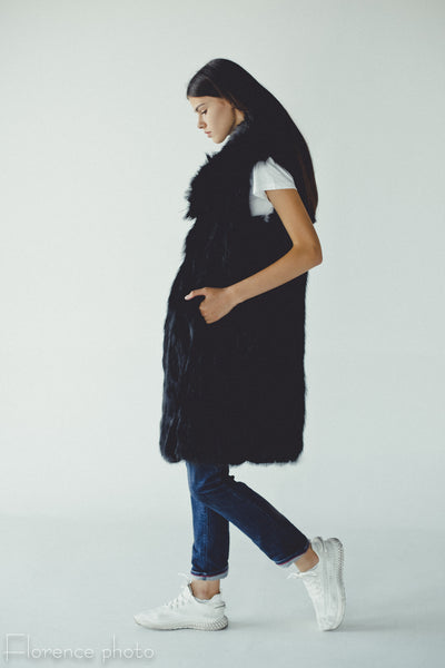 Black Fox Fur Vest with Collar