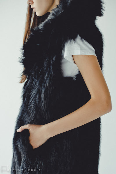 Black Fox Fur Vest with Collar