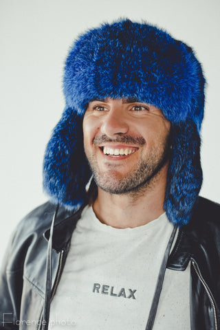 Blue Fur Hat with Ear Flaps