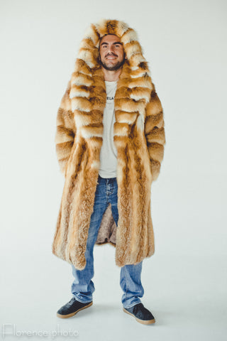 Long Hooded Fox Fur Coat Men