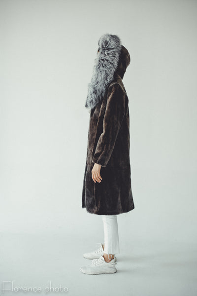 Hooded Long Silver Fox and Beaver Coat