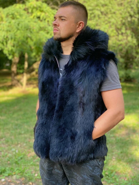 Black Fur Vest with Hood