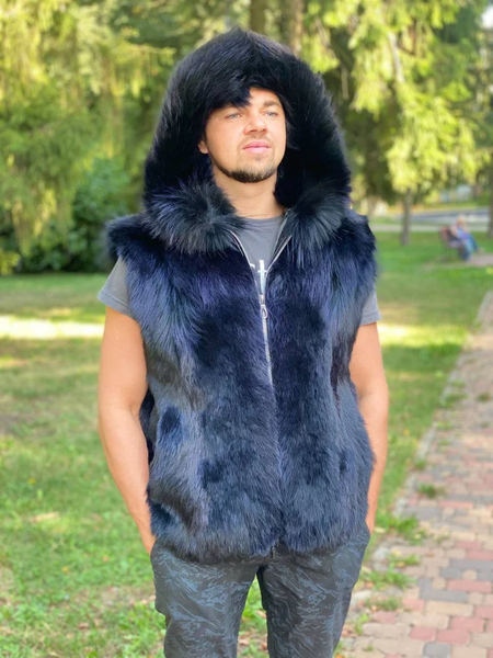 Black Fur Vest with Hood
