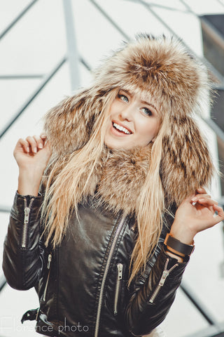 Raccoon Fur Hat with Leather