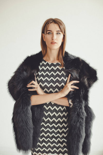 real fur stole in black