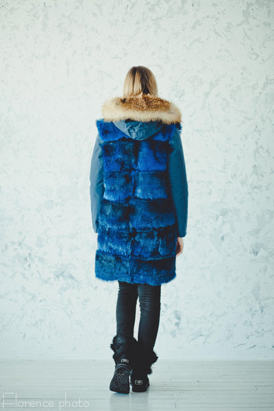 light blue rabbit fur parka for women