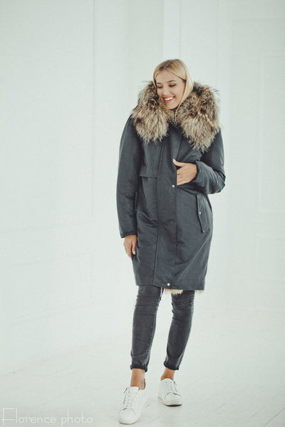 grey raccoon fur parka jacket for women