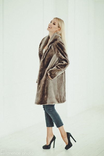 long grey beaver fur coat