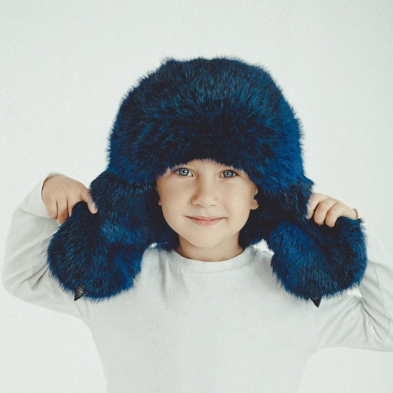 Blue Real Fur Trapper Hat for Baby, Toddler Kids Fur Hats for