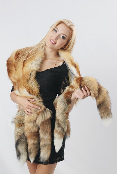 stole in red with tail in fur