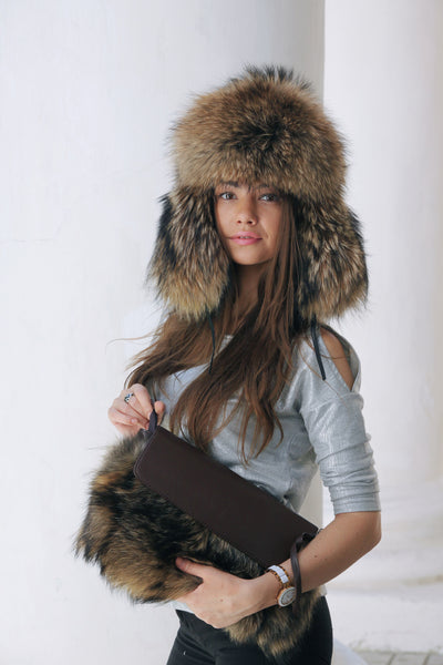 raccoon fur hat with earflaps