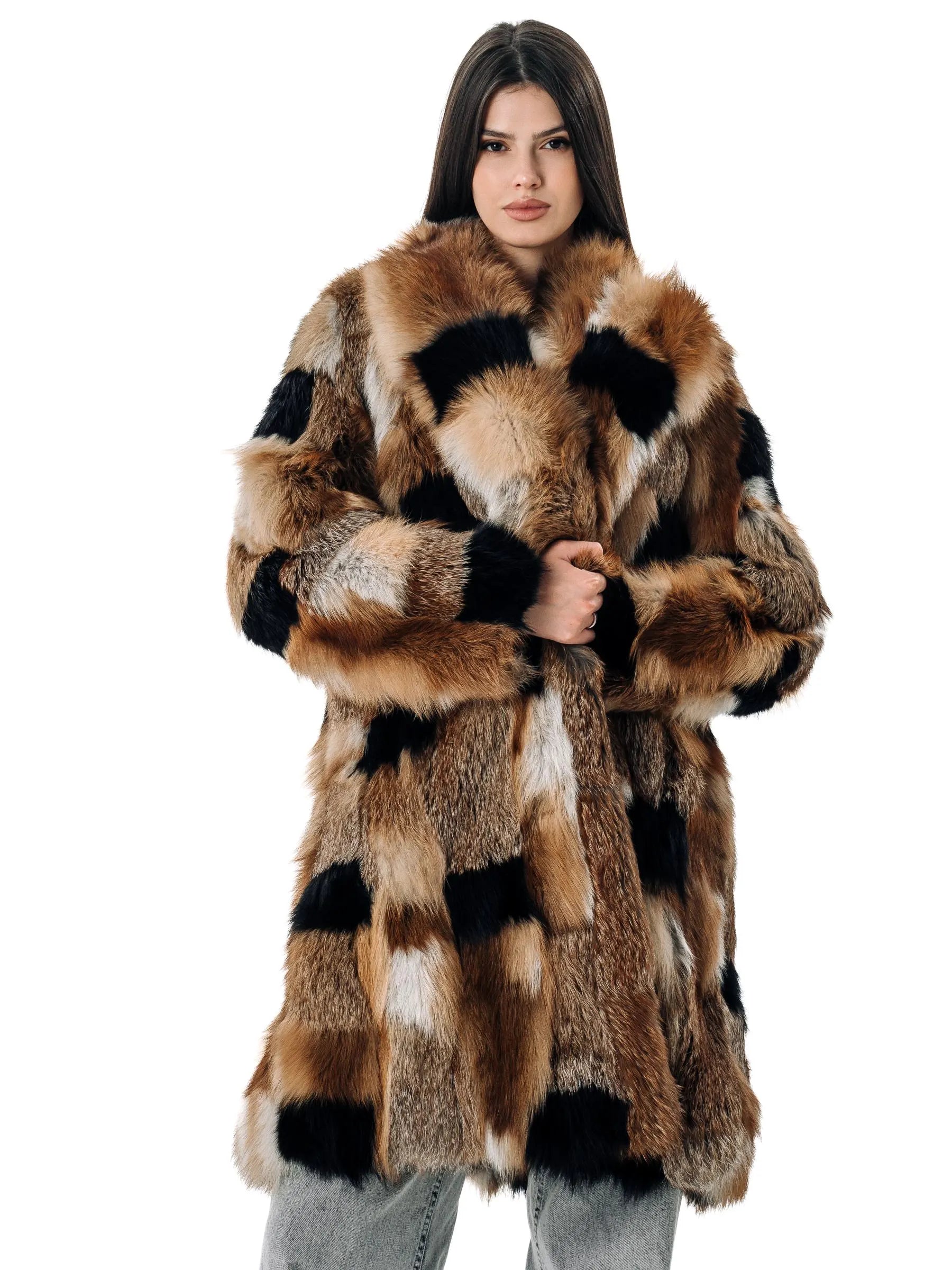 Patched Fox Fur Coat with Red Collar