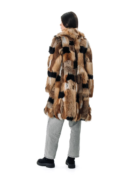 Long Women's Fox Fur Coat With Red Collar