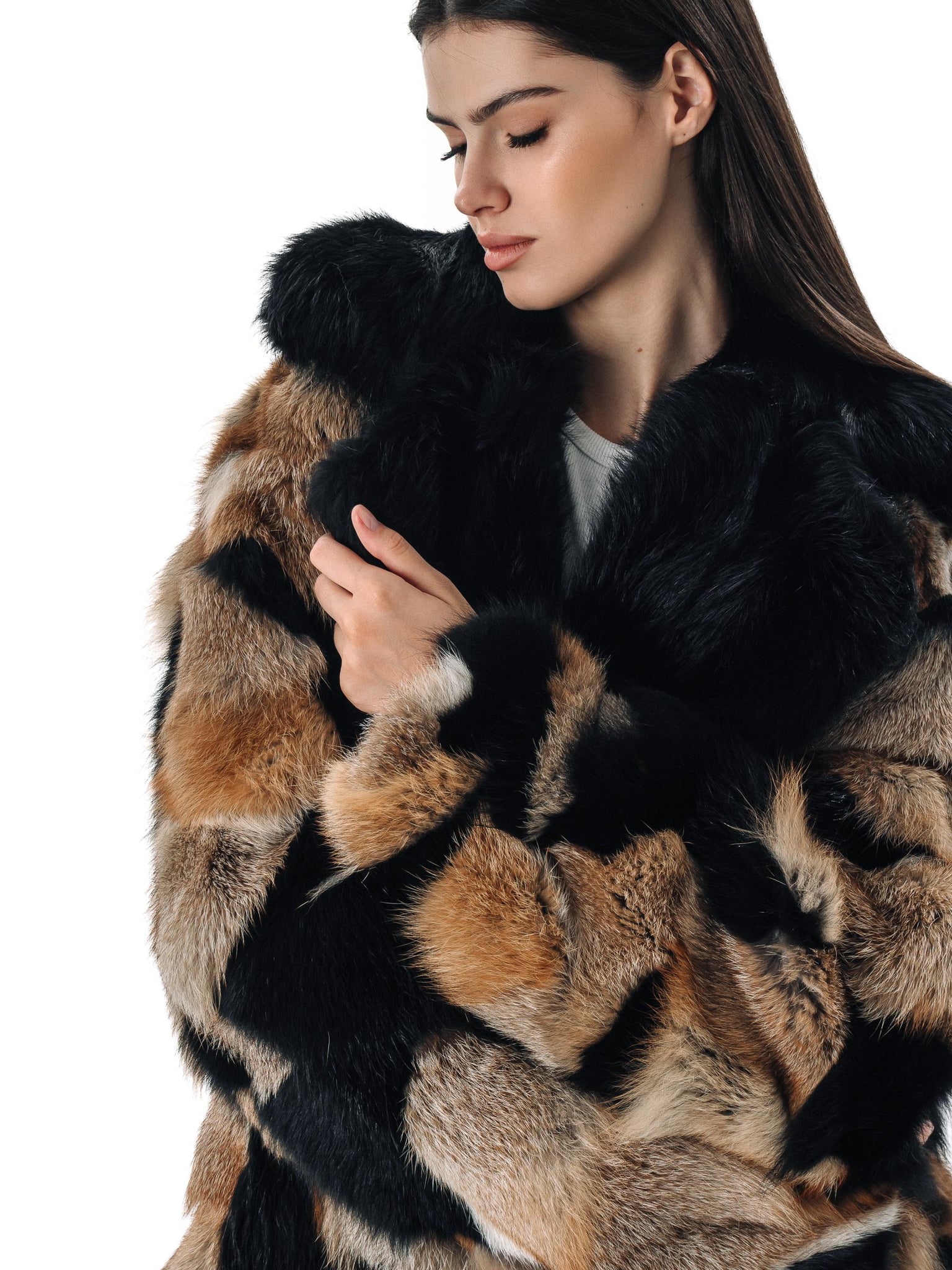 Patched Fox Fur Coat with Black Collar