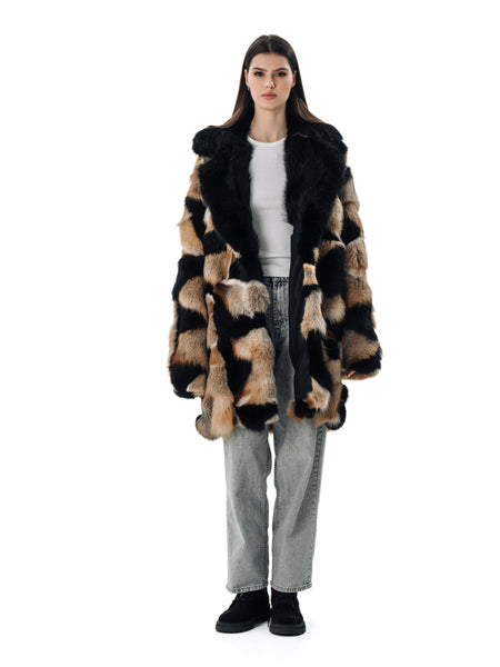 Patched Fox Fur Coat with Black Collar