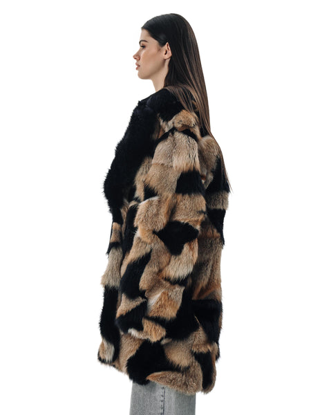 Patched Fox Fur Coat with Black Collar