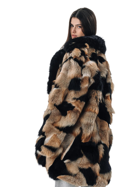 Patched Fox Fur Coat with Black Collar