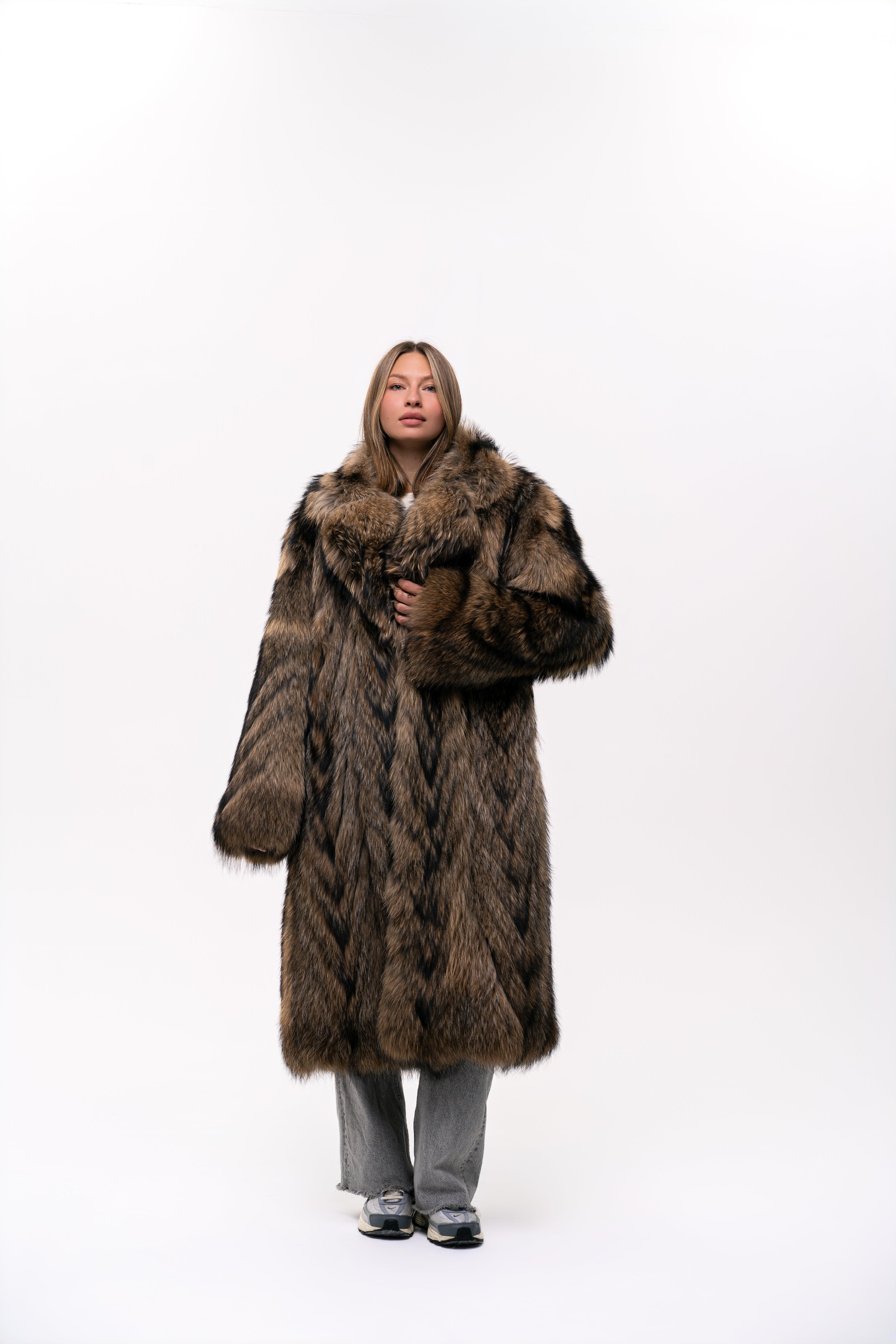 Long Raccoon Fur Coat with Collar