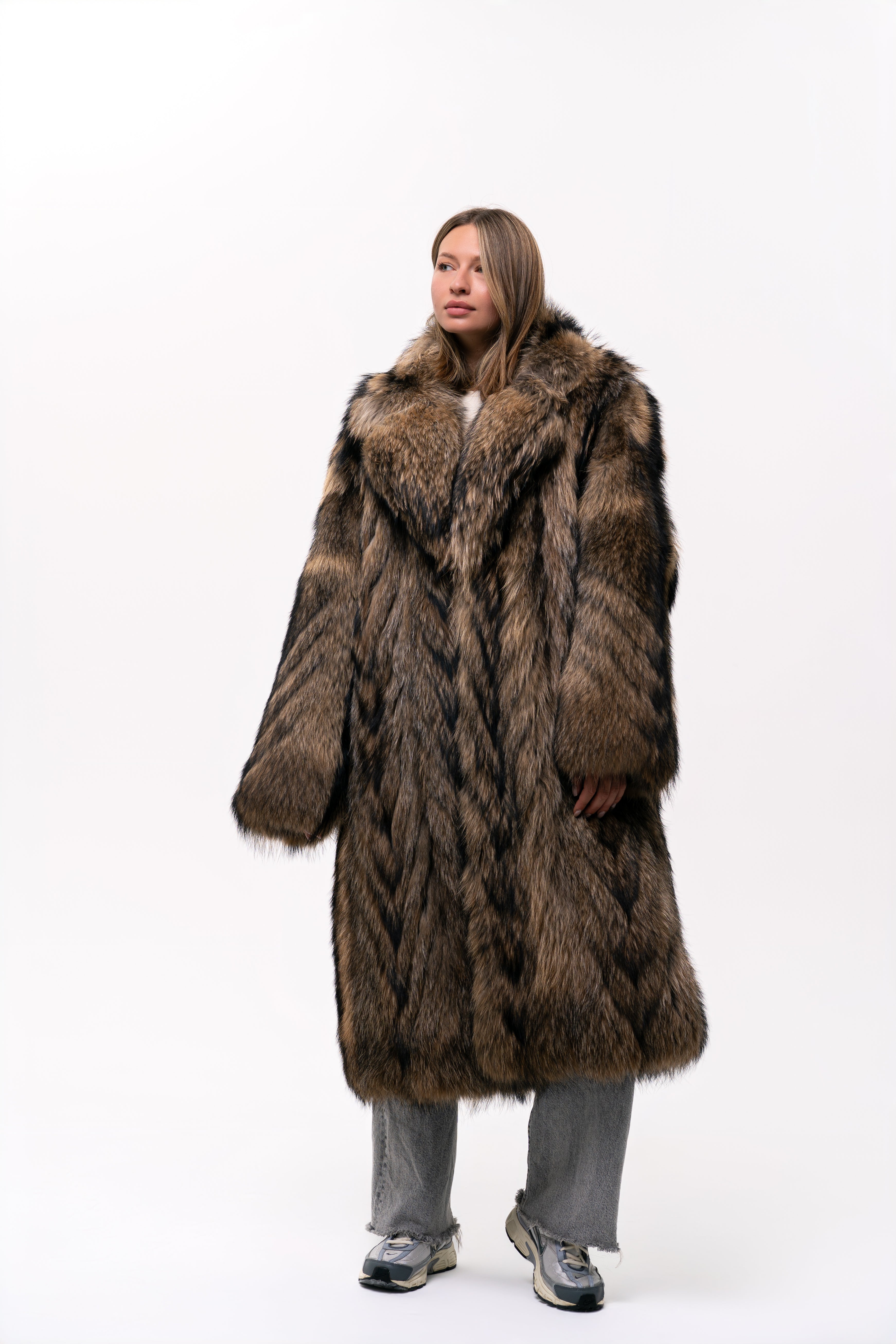 Long Raccoon Fur Coat with Collar