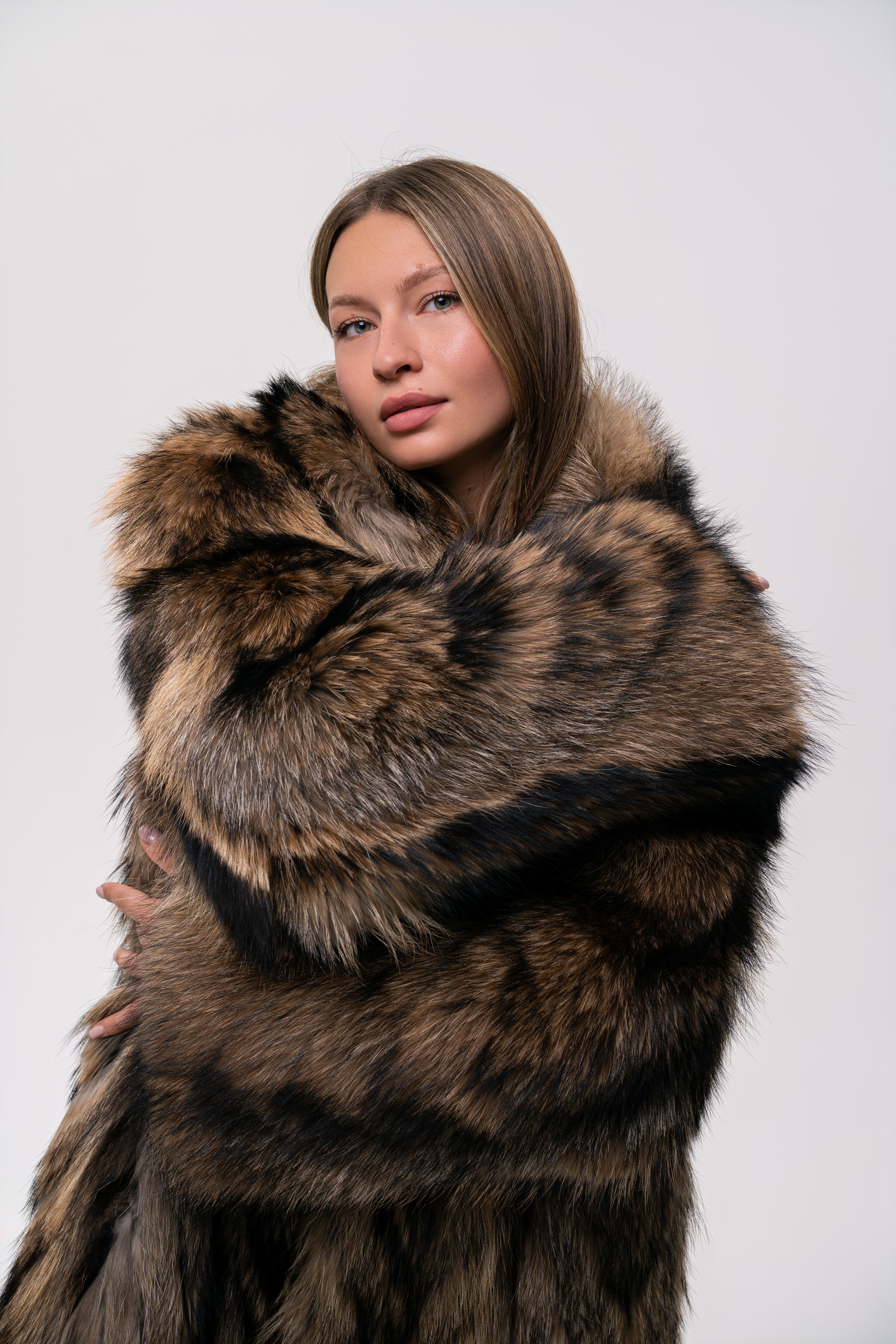 Long Raccoon Fur Coat with Collar
