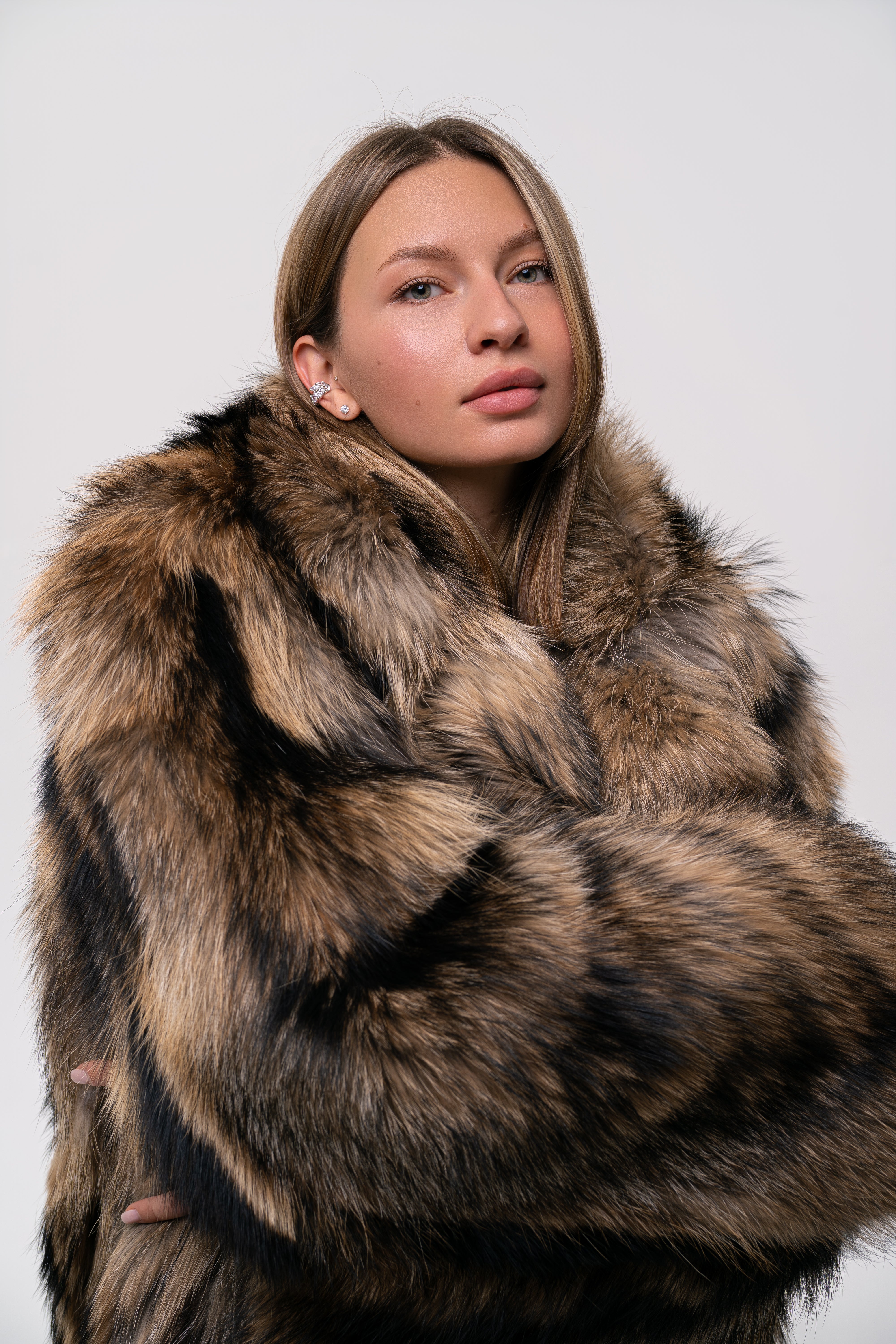Long Raccoon Fur Coat with Collar