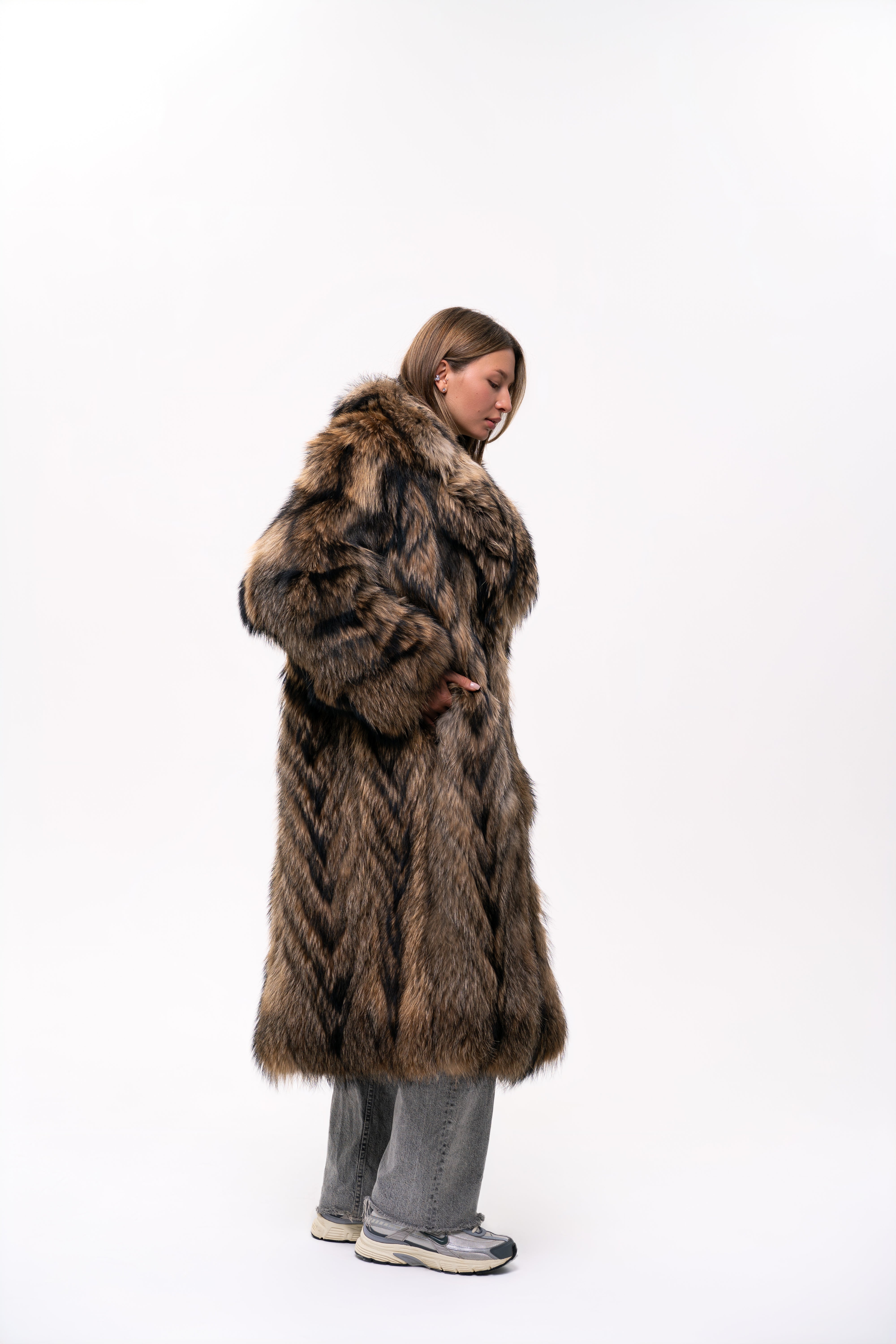 Long Raccoon Fur Coat with Collar