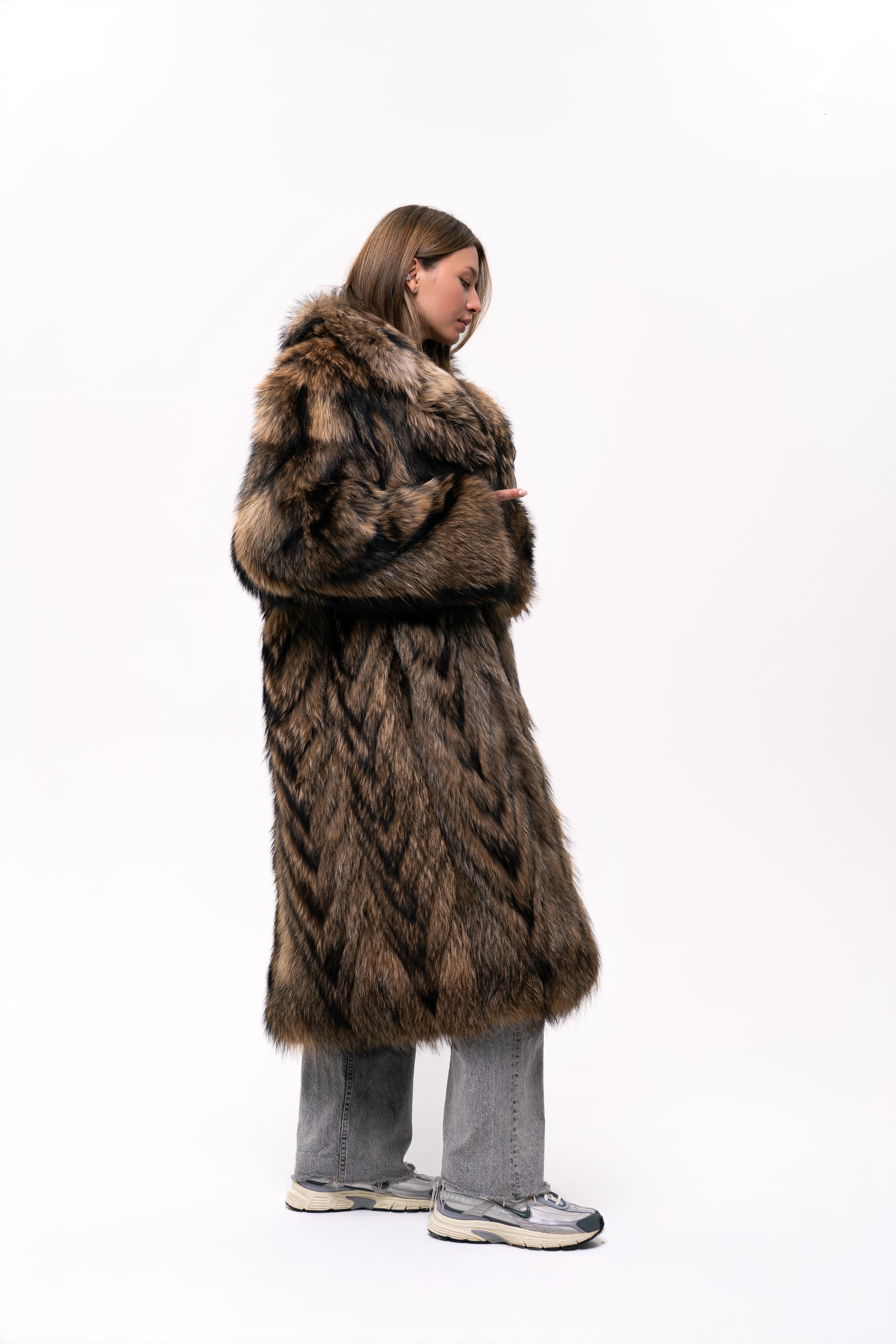 Long Raccoon Fur Coat with Collar