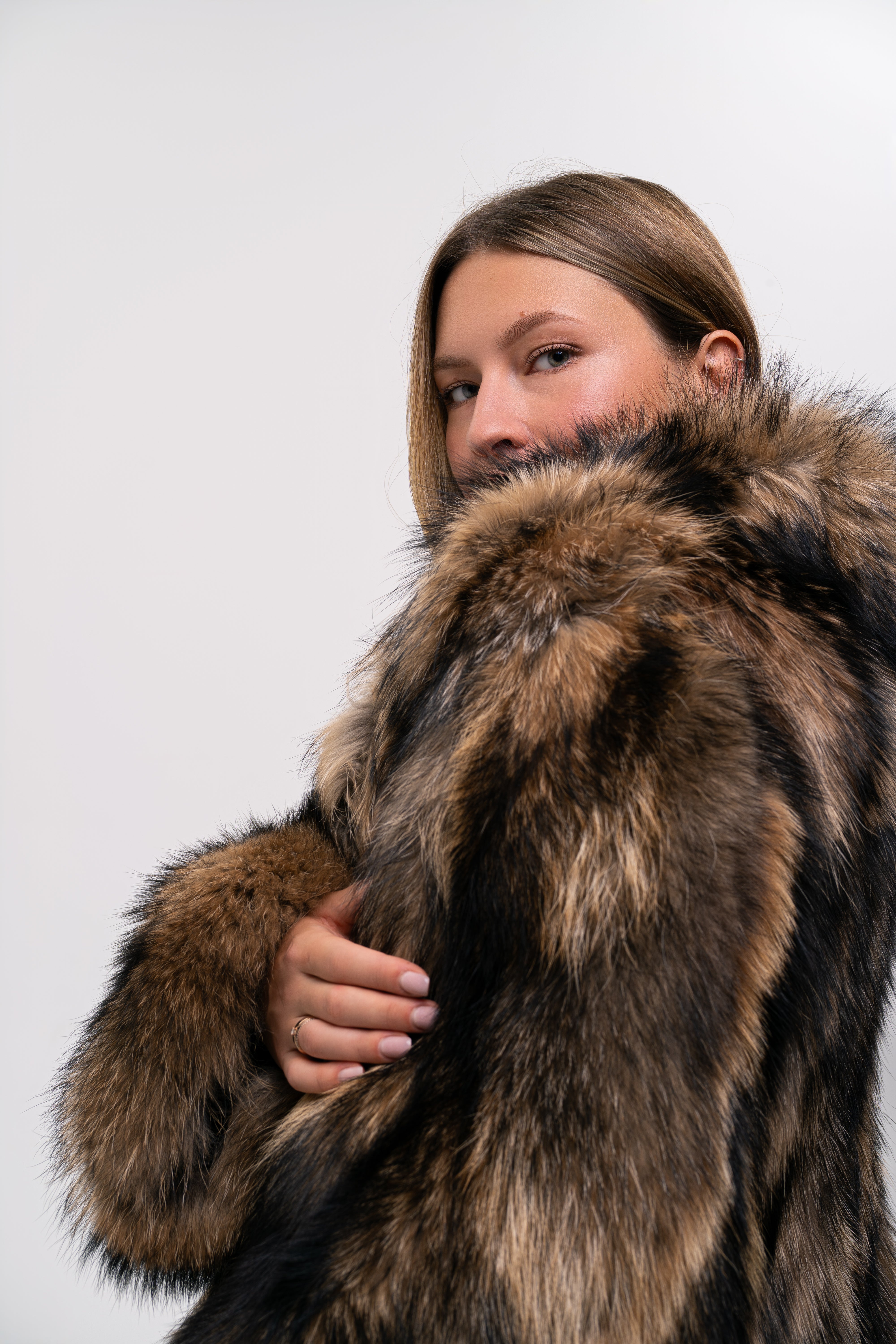 Long Raccoon Fur Coat with Collar