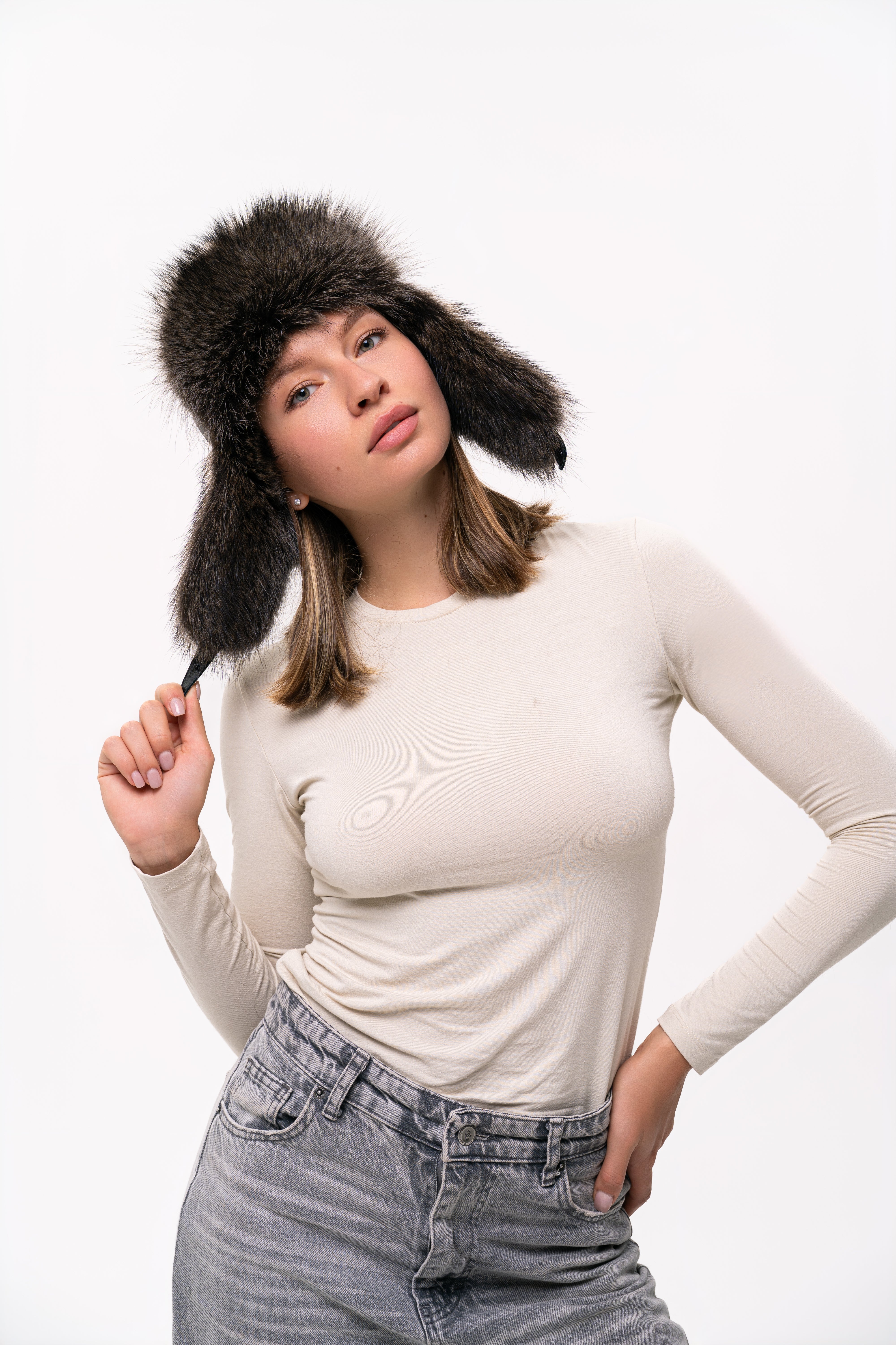 Dark Raccoon Fur Hat with Leather