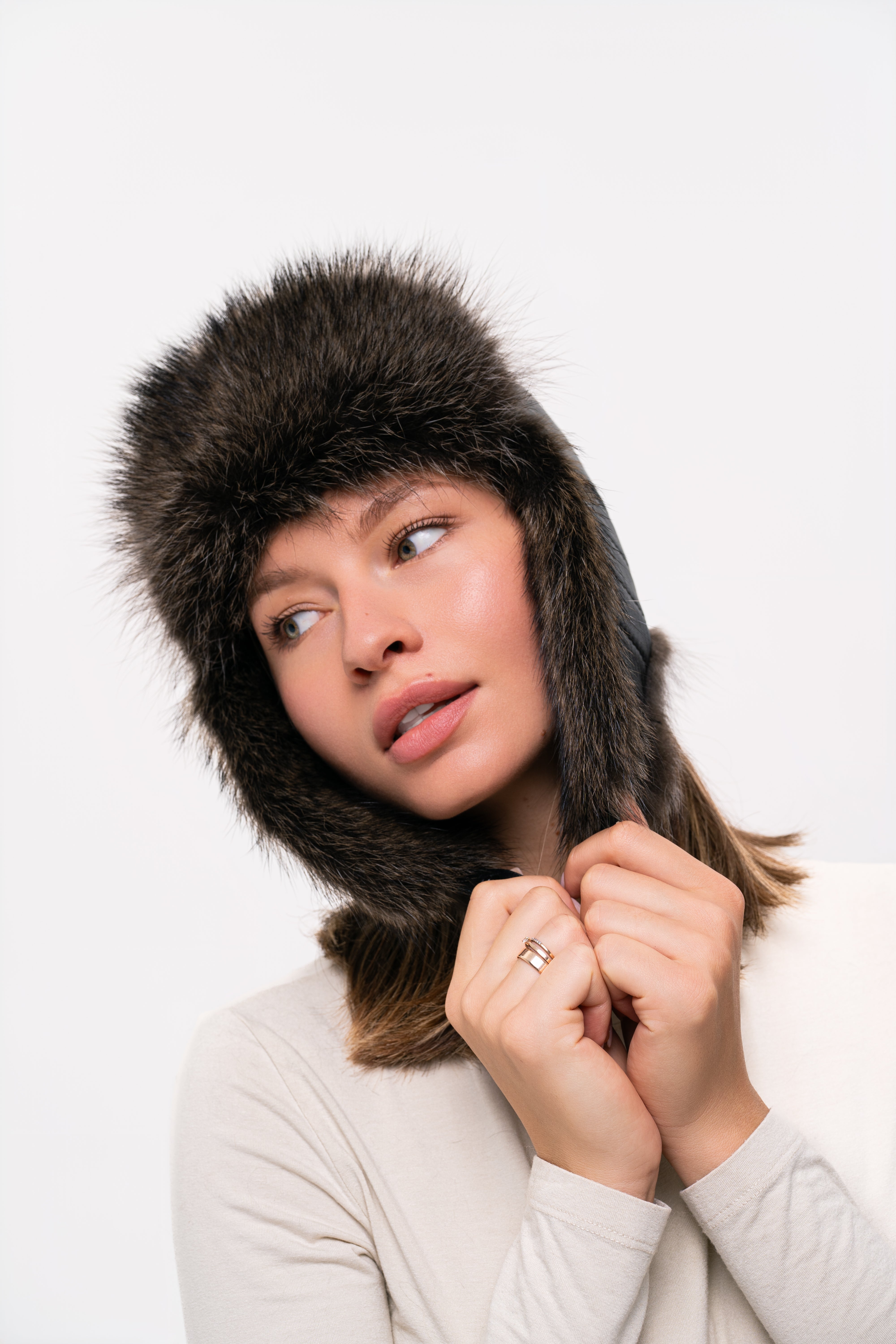 Dark Raccoon Fur Hat with Leather