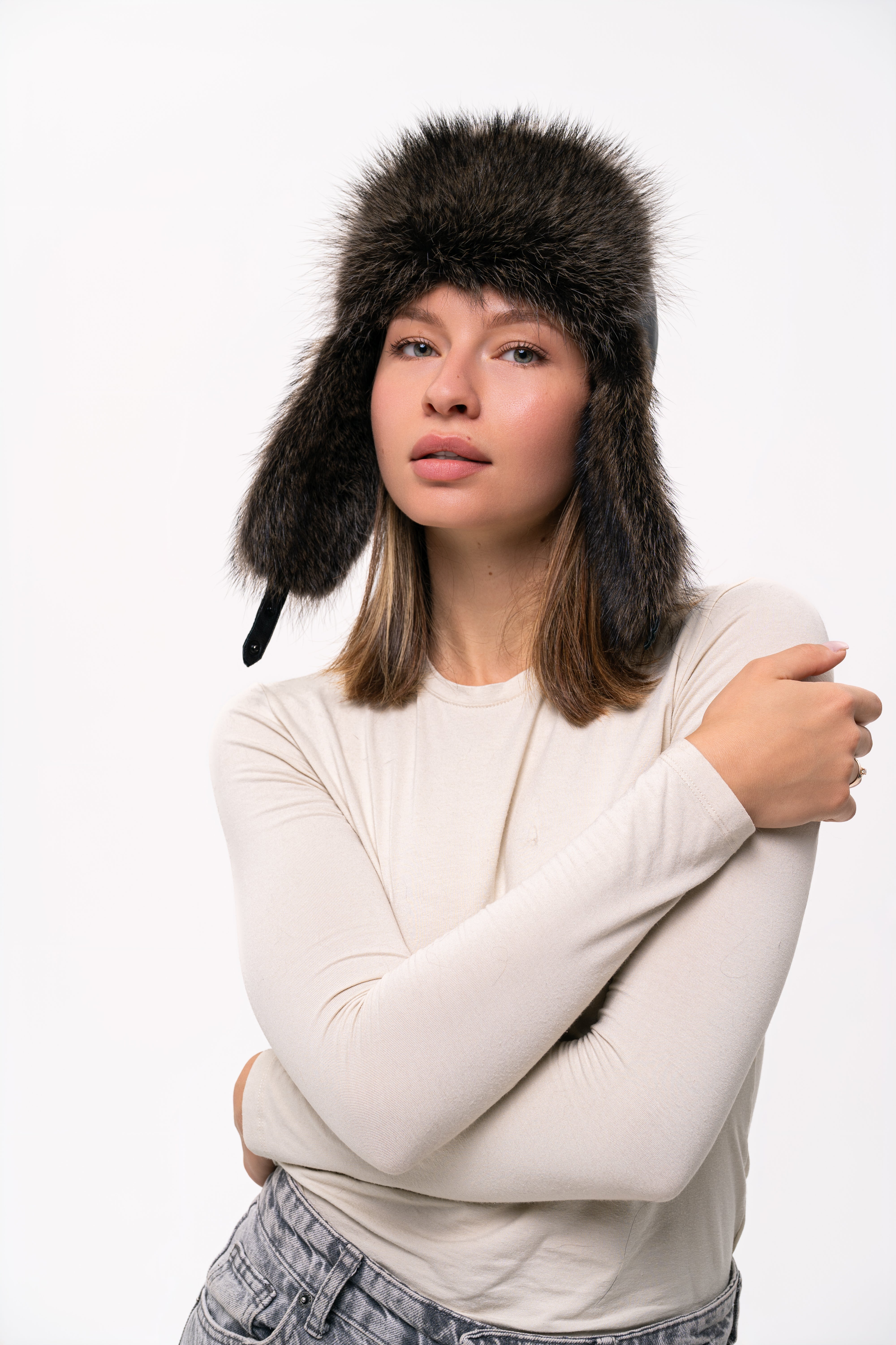 Dark Raccoon Fur Hat with Leather