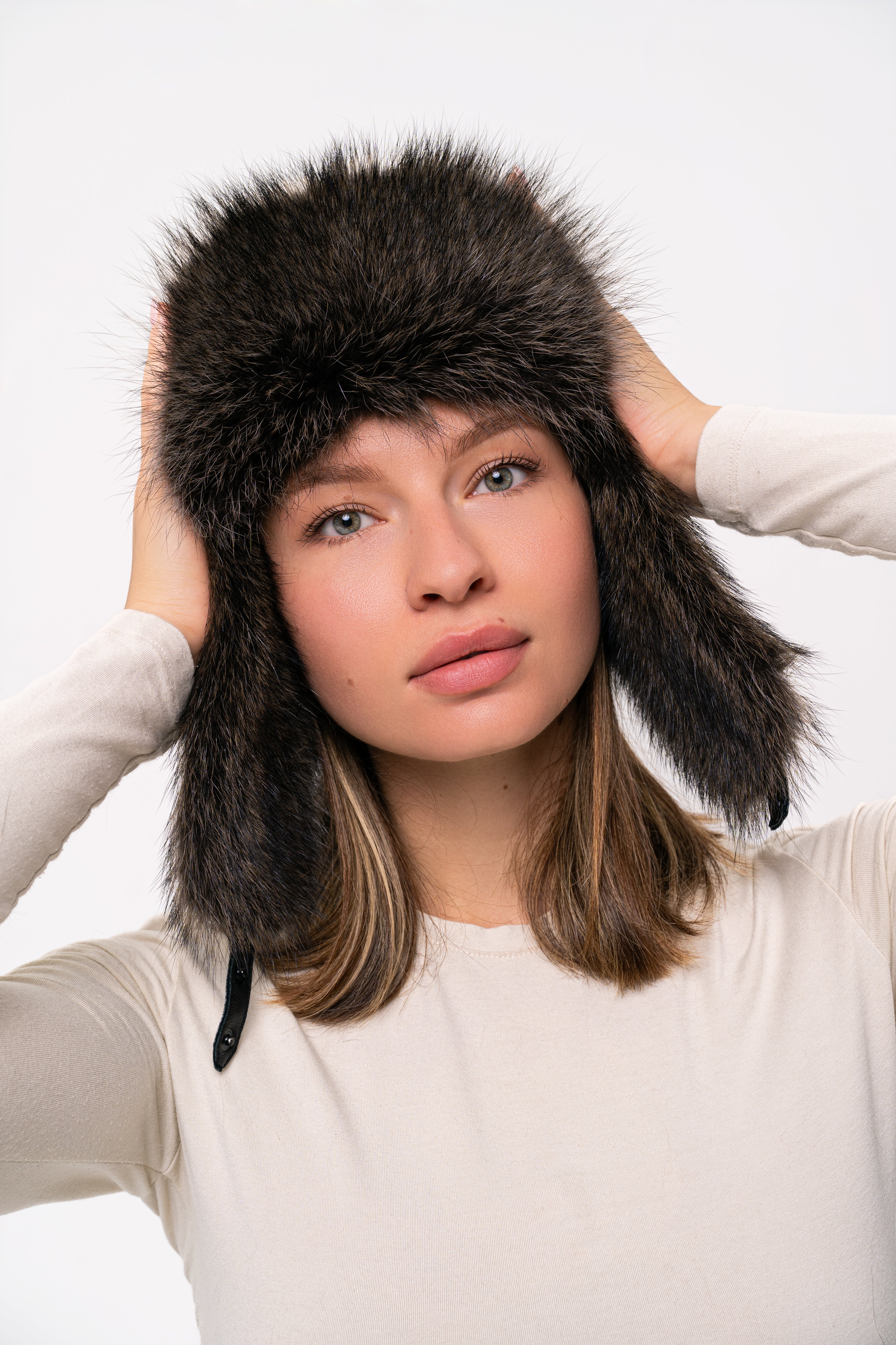 Dark Raccoon Fur Hat with Leather