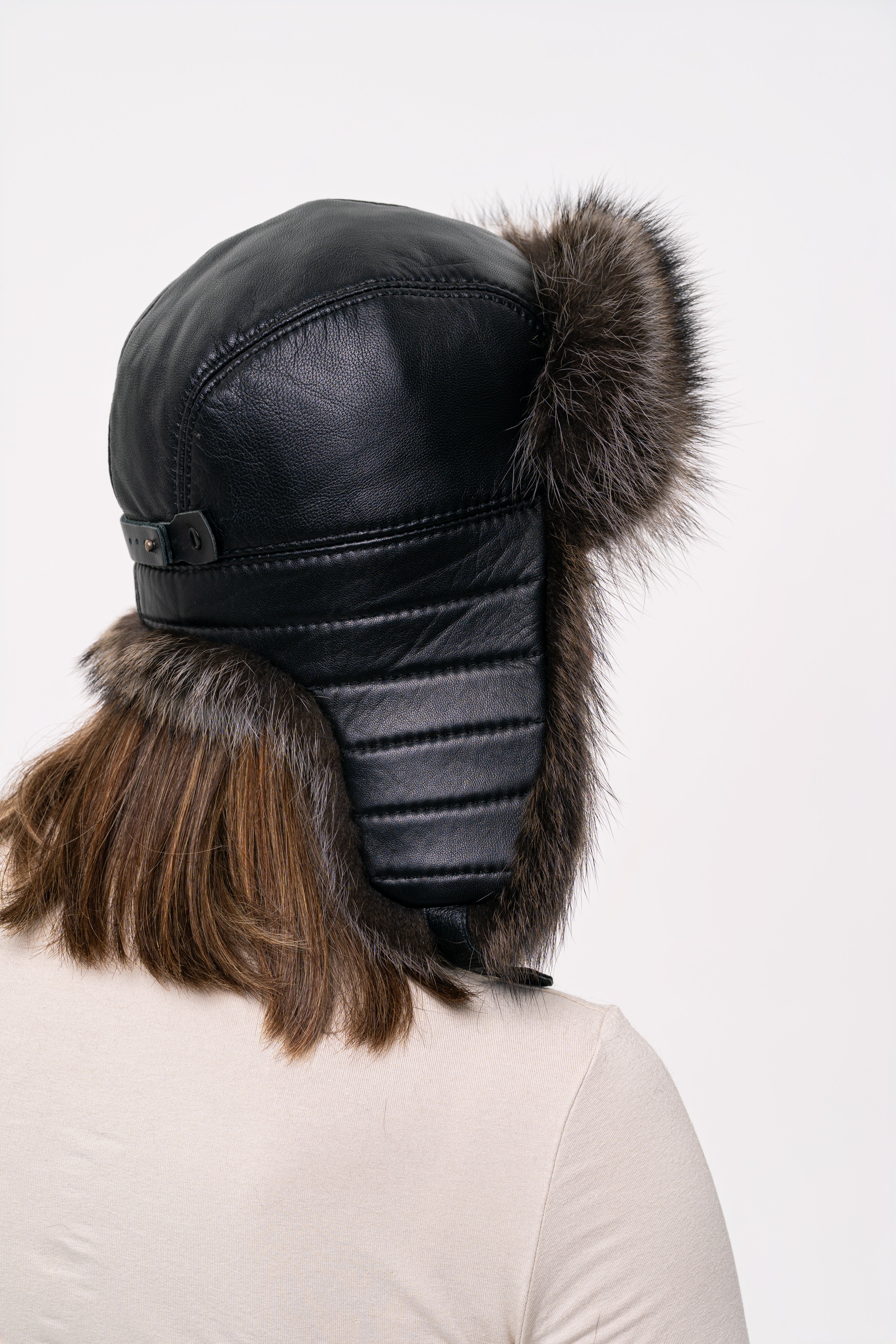 Dark Raccoon Fur Hat with Leather