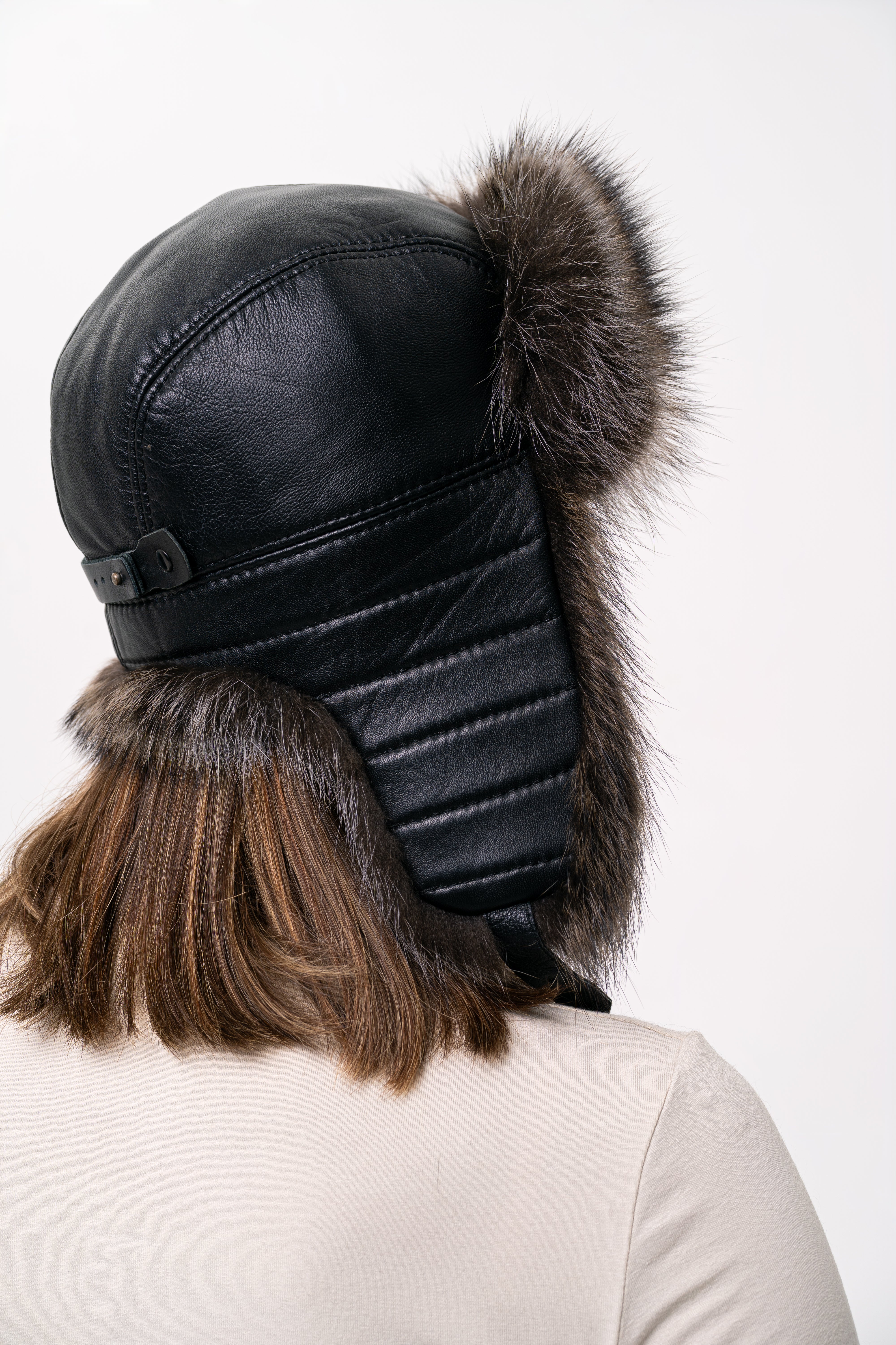 Dark Raccoon Fur Hat with Leather