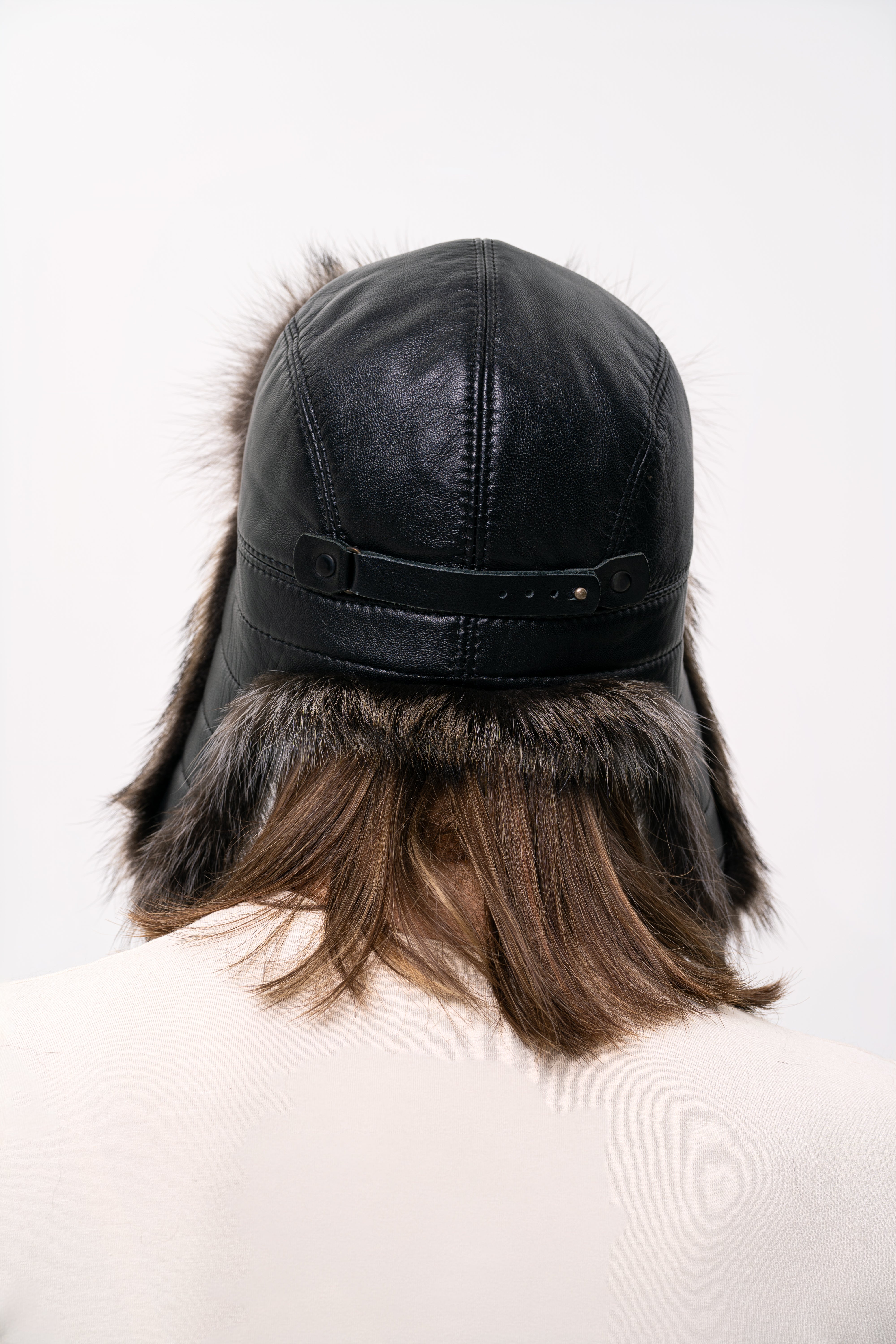 Dark Raccoon Fur Hat with Leather