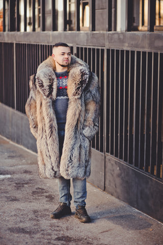 Silver Fox Fur Long Coat for Men